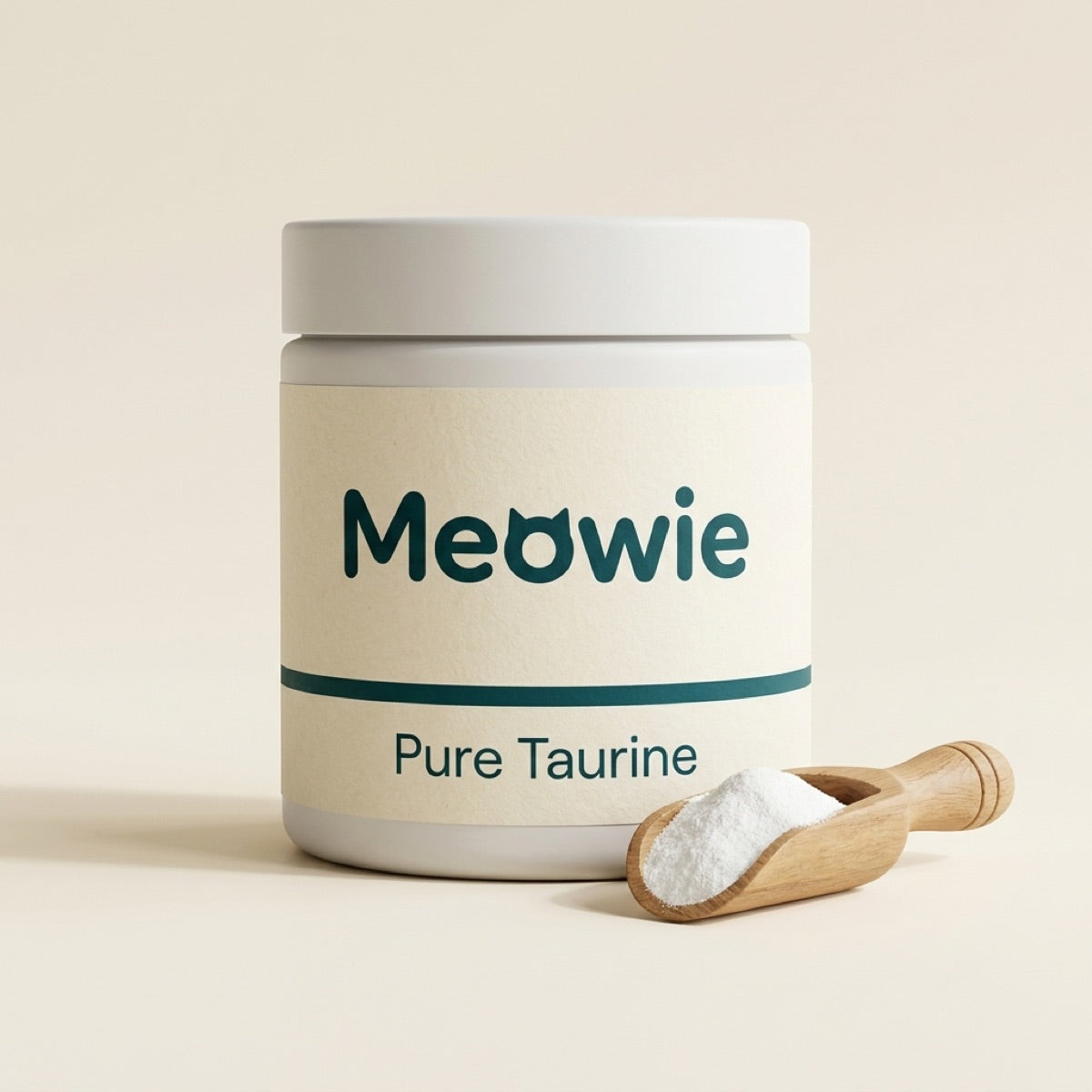 Meowie Pure Taurine tub with a scoop of taurine powder