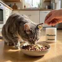Cat eating with Meowie sprinkled on food