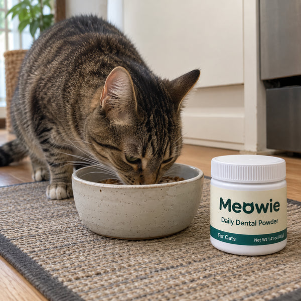 Tabby cat eating beside a jar of Meowie Dental Powder