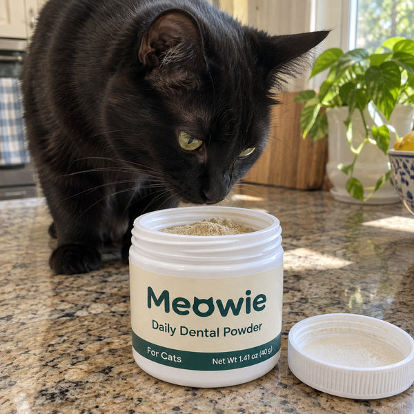 Black cat sniffing a jar of Meowie Dental Powder