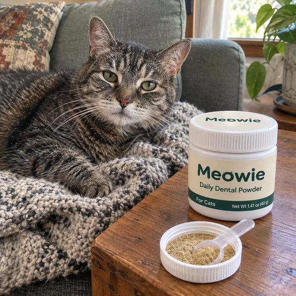 Senior cat resting beside Meowie Dental Powder