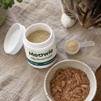 Flat lay of Meowie Dental Powder, scoop and cat food