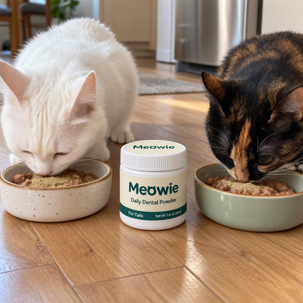 Two cats eating with Meowie Dental Powder between the bowls