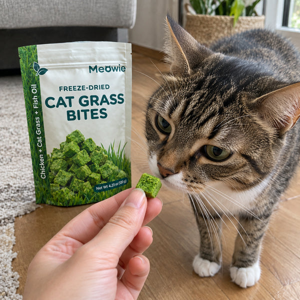 Tabby cat sniffing a green cat grass bite