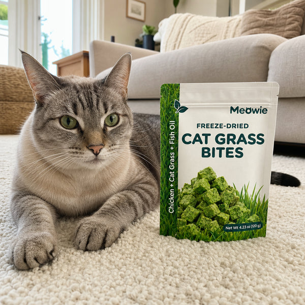 Cat relaxing on a rug beside the Meowie pouch