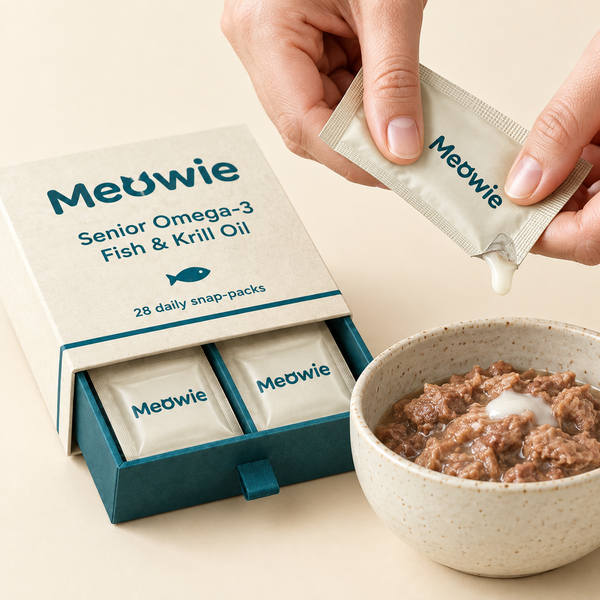 Hands snapping open a Meowie snap-pack over cat food
