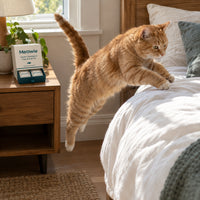 Older ginger cat jumping onto a bed beside Meowie Senior Omega-3