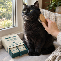 Black senior cat being brushed beside Meowie Senior Omega-3