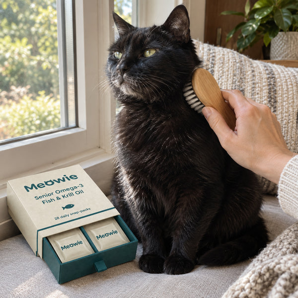 Black senior cat being brushed beside Meowie Senior Omega-3
