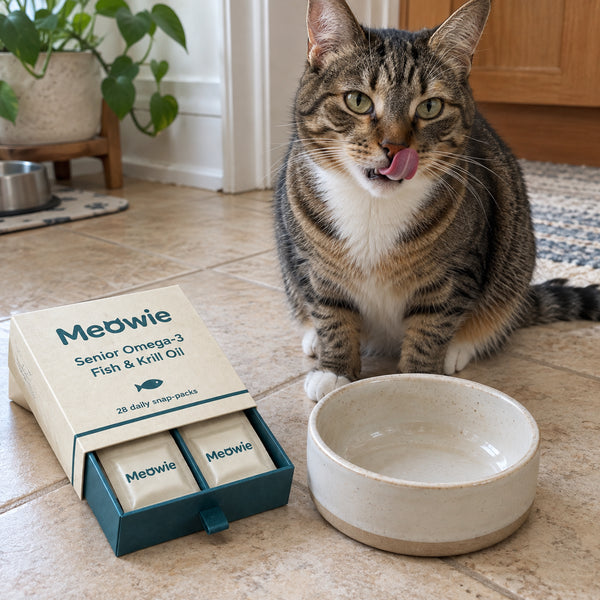 Tabby cat licking its lips beside an empty bowl and Meowie Senior Omega-3