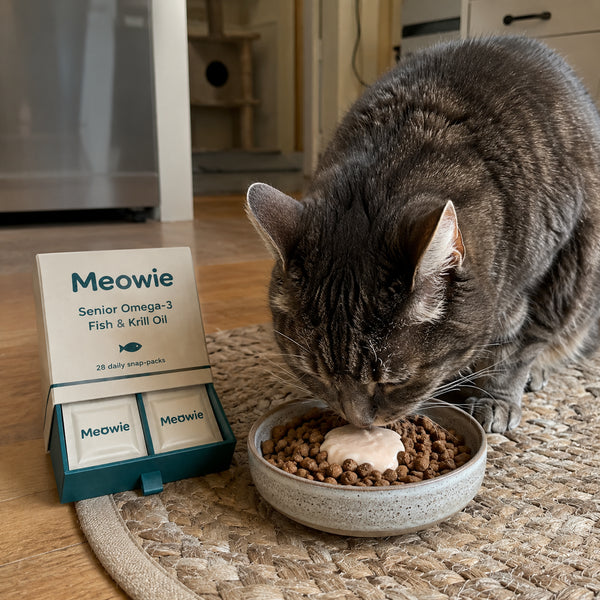 Senior cat eating beside the Meowie Senior Omega-3 box