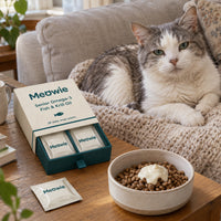 Senior cat on a sofa beside Meowie Senior Omega-3