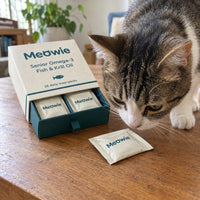 Cat sniffing a Meowie snap-pack