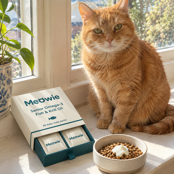 Older cat on a window sill beside Meowie Senior Omega-3