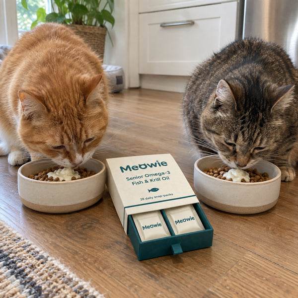 Two senior cats eating with Meowie Senior Omega-3