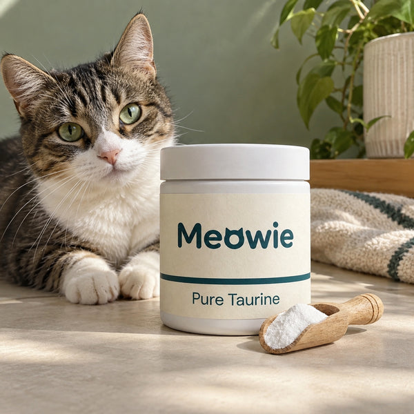 Tabby cat lying beside a tub of Meowie Pure Taurine