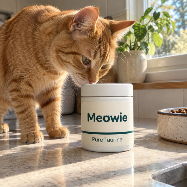 Ginger cat sniffing a tub of Meowie Pure Taurine on the kitchen counter