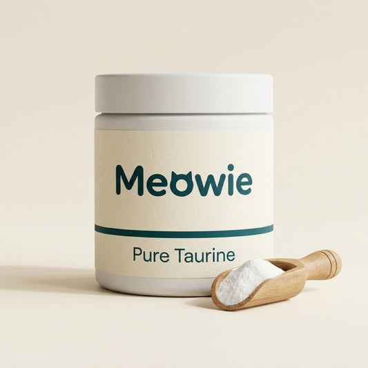 Meowie Pure Taurine tub with a scoop of taurine powder